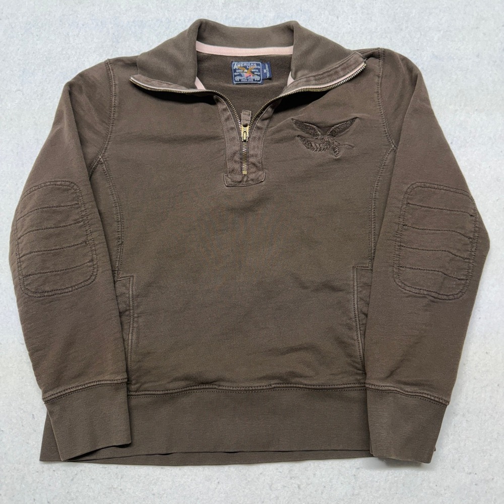 American Living Quarter Zip Sweatshirt Brown Y2K Boxy Elbow Patch Medium